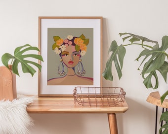 Girl with Flower Crown Poster | Modern Art Print | Floral Wall Art | Bright Floral Art | Wall Art Print | Frida Floral Crown
