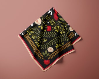 May include: A black square scarf with a floral pattern featuring red, white, and yellow flowers on a black background. The scarf has a brown and cream border.