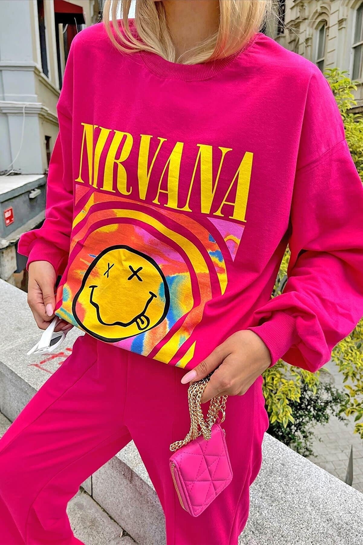 Smiley Rock Band Oversized Sweatshirt, Nirvana Smiley Face Pink