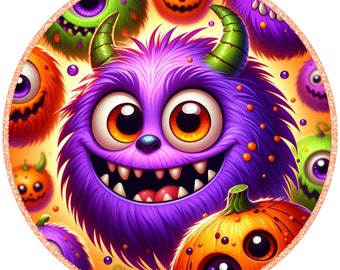 May include: A purple fuzzy monster with big eyes and a wide grin, surrounded by orange and green Halloween-themed pumpkins and monsters.