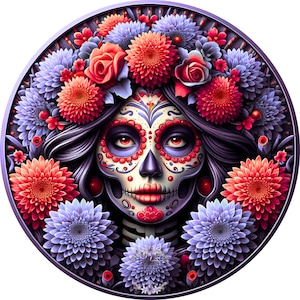 Female sugar skull with purple flowers wreath sign, day of the dead wall art, seasonal shelf decor, festive skull door decor, round sign