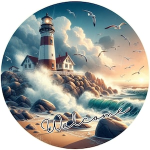 May include: A red and white lighthouse stands on a rocky shore with crashing waves. The sky is blue with white clouds and seagulls fly overhead. The word "Welcome" is written in cursive on the beach.