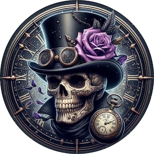 May include: A skull wearing a black top hat with a purple rose and goggles, set against a dark background with a clock face.
