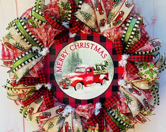 Vintage red truck Christmas wreath, farmhouse holiday door wreath, rustic red truck winter decor, buffalo plaid merry Christmas wreath