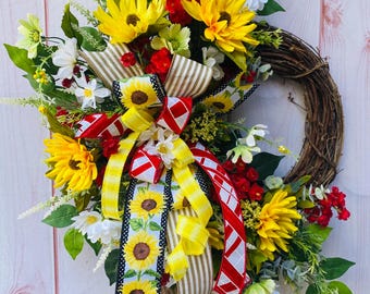 Farmhouse floral wreath for door, rustic porch decor, summer wall decoration, grapevine wreath, home decor, red and yellow daisy wreath