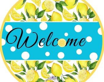 Summer Lemon sign, round polka dot wreath sign, lemon kitchen decor, welcome lemon sign, sublimation-aluminum wreath attachment, door sign