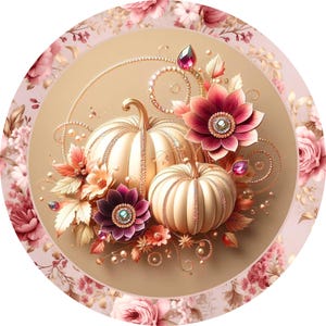 Jeweled pumpkins with mauve flower border wreath sign, festive wall art, thanksgiving decor, fall welcome sign, seasonal decor, round sign