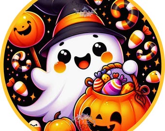 Ghost witch wreath sign for Halloween door decor, round jack o lantern sign, ghost with pumpkin candy sign, Fall-aluminum door hanger