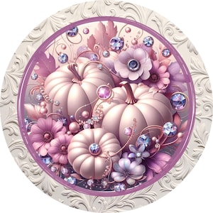 Jeweled pumpkins with mauve flowers-wreath sign, festive wall art, thanksgiving decor, autumn welcome sign, seasonal shelf decor-crafts