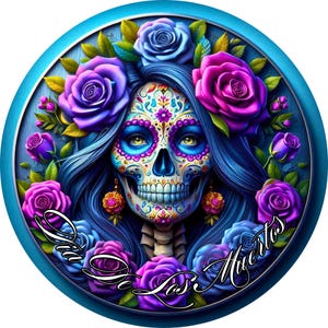 Female sugar skull with purple roses wreath sign, day of the dead wall art, seasonal shelf decor, festive skull door decor, round sign
