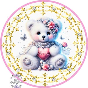 Cute Valentine’s teddy bear sign for wreaths, girl bear with flowers valentines day door sign, sublimated aluminum sign for crafts or wall