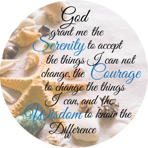 Serenity prayer wreath sign, sobriety Inspirational poems, spiritual beach sign, nautical door hanger, sea shell decor, round wreath sign