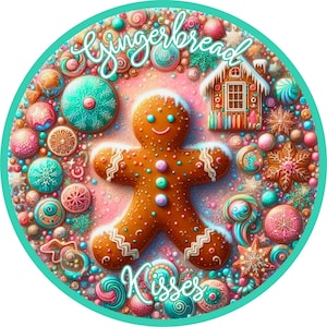 Gingerbread man wreath sign, Christmas sign, winter holiday sign, gingerbread house candy sign, winter decor-aluminum round door decor
