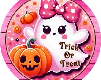 Halloween Ghost Wreath Sign, Pink Polka Dot, Fall pumpkin Door Decor, trick or treat