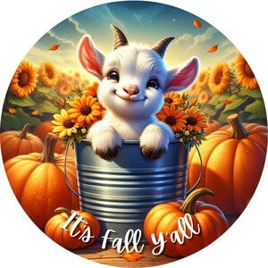 May include: A white baby goat with brown eyes and horns sits in a blue metal bucket with a yellow and orange flower arrangement. The goat is smiling and looking at the camera. The bucket is sitting on a wooden surface with pumpkins and sunflowers in the background. The text "It's fall y'all" is written in white on the wooden surface.