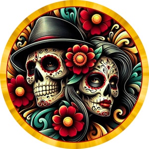 Day of the dead wreath sign, Mexican couple skull with red flowers, seasonal wall art, festive shelf decor, round wreath signs for fall