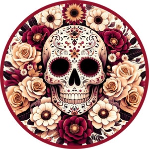 Dia de Los Muertos skull sign, day of the dead door decor, Mexican holiday signs, sugar skull with fall flowers, autumn wreath sign