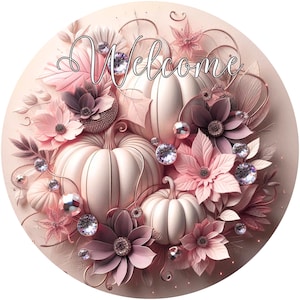 Jeweled pumpkins with flowers wreath sign, festive wall art, thanksgiving decor, autumn welcome sign, seasonal shelf decor, round metal sign
