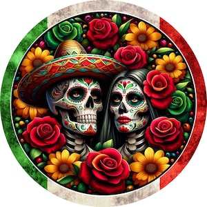 Letrero de corona del Día de Muertos, calavera de pareja mexicana con rosas, arte de pared de temporada, decoración festiva para estantes, letrero de corona del Cinco de Mayo, metal redondo