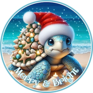 Beach theme Christmas wreath sign, festive sea turtle wearing Santa hat shelf decor, sea shell wall art, merry and bright Christmas sign