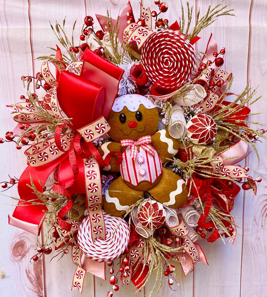Gingerbread Man Christmas Wreath With Peppermint Accents, Handmade ...