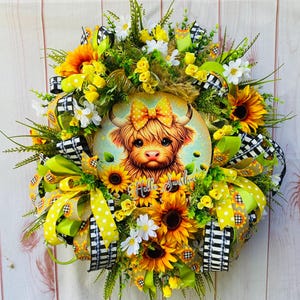 Everyday farmhouse style cow wreath, sunflower wreath for door, summer porch decor, year round floral welcome wreath, birthday gift