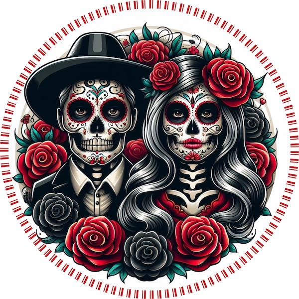 Dia de Los Muertos skull sign, day of the dead door decor, Mexican holiday skulls and red flowers, round wreath signs for fall, Mexican deco