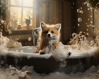 Fox In The Bathtub Canvas- Funny Bathroom Animal Wall Art, Cute Fox Painting Print, Whimsical Wall Art For Office Bedroom Kitchen gift