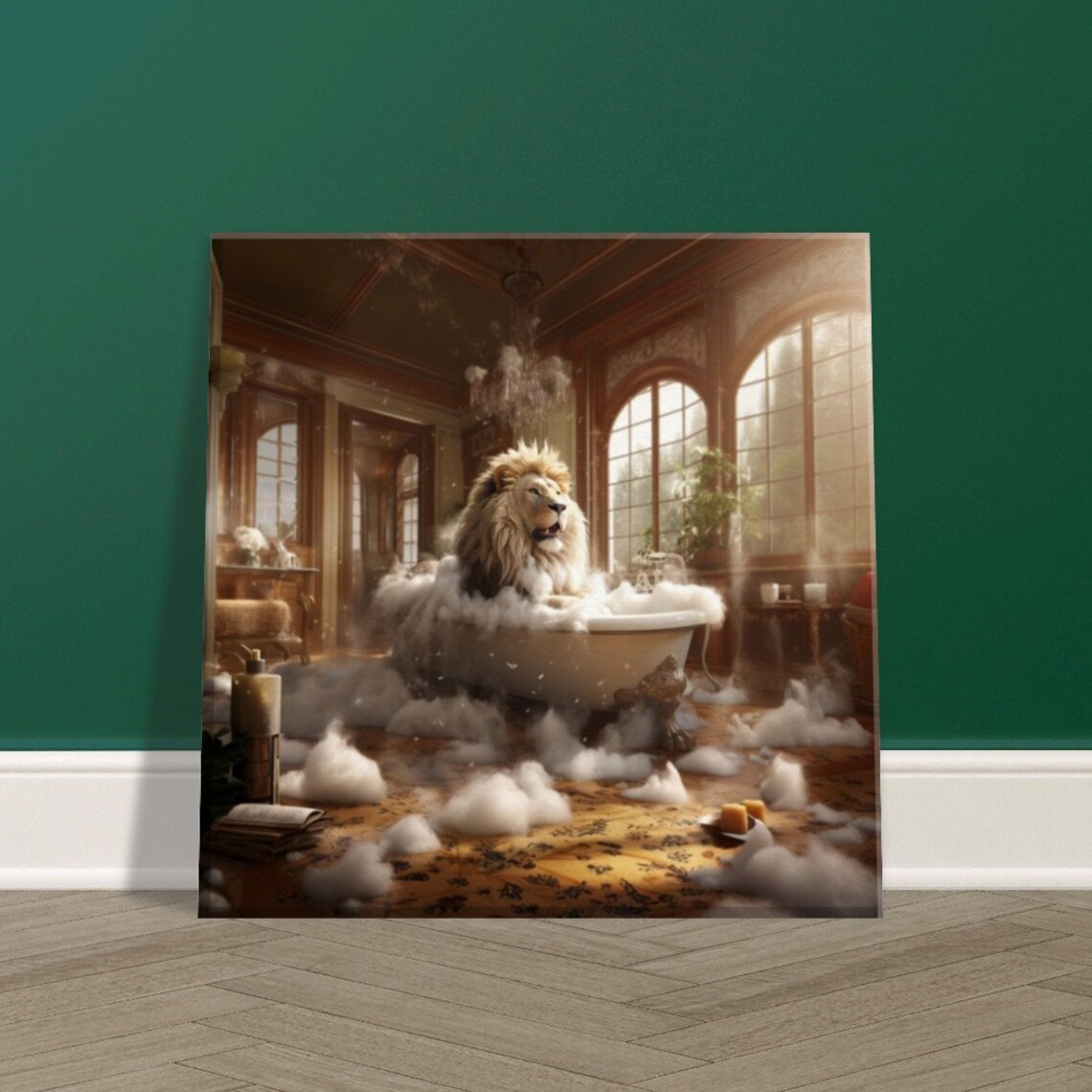 Lion in the Bathtub Canvas Funny Bathroom Animal Wall Art, Cute Lion ...