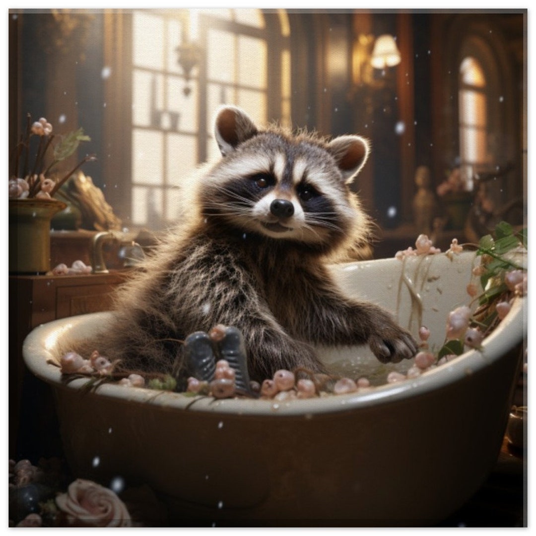 Raccoon in the Bathtub Canvas- Funny Bathroom Animal Wall Art, Raccoon ...