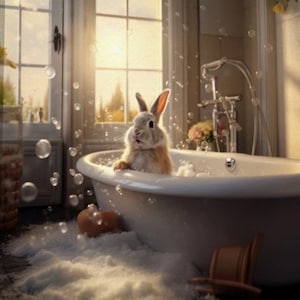 May include: A fluffy rabbit enjoys a bubble bath in a white clawfoot tub. The bunny has brown and white fur and is surrounded by bubbles. A small brown hat sits on the floor near the tub, and a window is in the background.