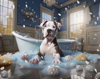 May include: A white and brown dog sits in a bubble bath in a vintage-style bathroom. The dog is surrounded by bubbles and foam, with a claw-foot tub in the background. The room has blue walls and large windows.