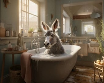 Donkey In The Bathtub Canvas- Funny Bathroom Animal Wall Art