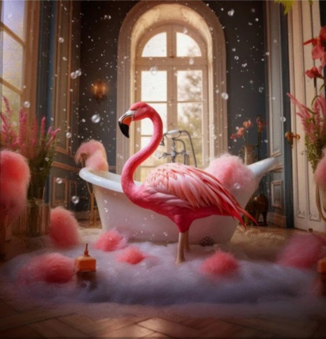 Flamingo in the Bathroom Canvas Funny Bathroom Animal Wall Art ...