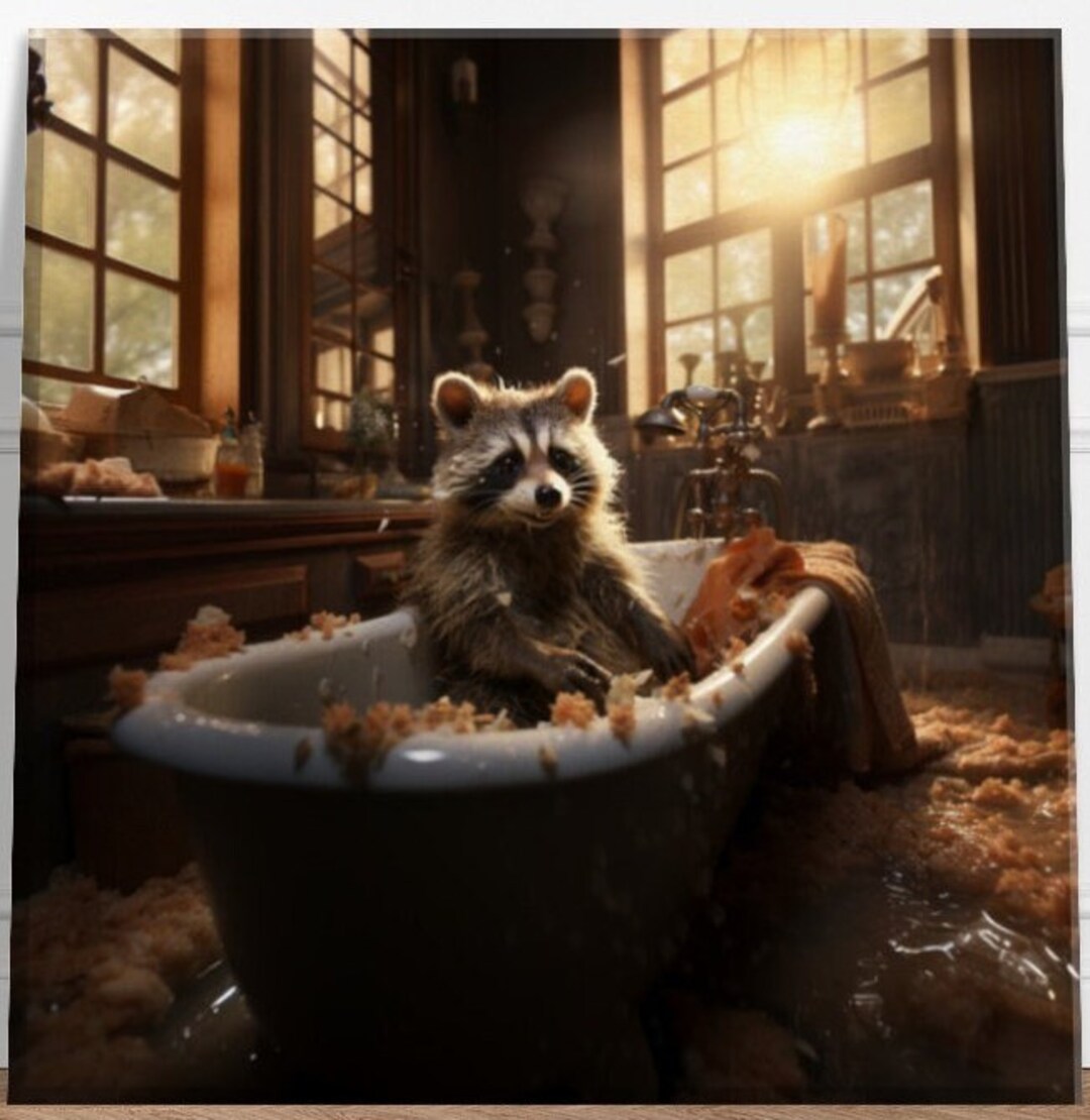 Raccoon in the Bathtub Canvas- Funny Bathroom Animal Wall Art, Raccoon ...