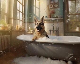 May include: A German Shepherd dog relaxing in a vintage claw-foot bathtub filled with bubbles. The dog is brown and black with its tongue out, appearing content. The bathroom has large windows and a classic design.