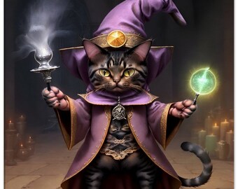 Lienzo de arte de pared de gato mágico - arte animal divertido, arte de gato caprichoso, decoración de pared de animales, arte de gato mago