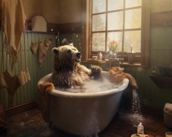 Bear In The Bathtub Canvas- Funny Bathroom Animal Wall Art, Cute Bear Painting Print, Whimsical Wall Art For Office Bedroom Kitchen gift