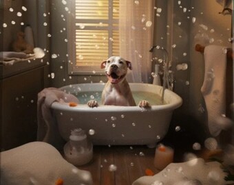 May include: A happy dog is in a white clawfoot bathtub filled with water and bubbles. The dog is smiling with its paws on the tub's edge. The bathroom has a window with blinds, a towel rack, and a wooden floor.