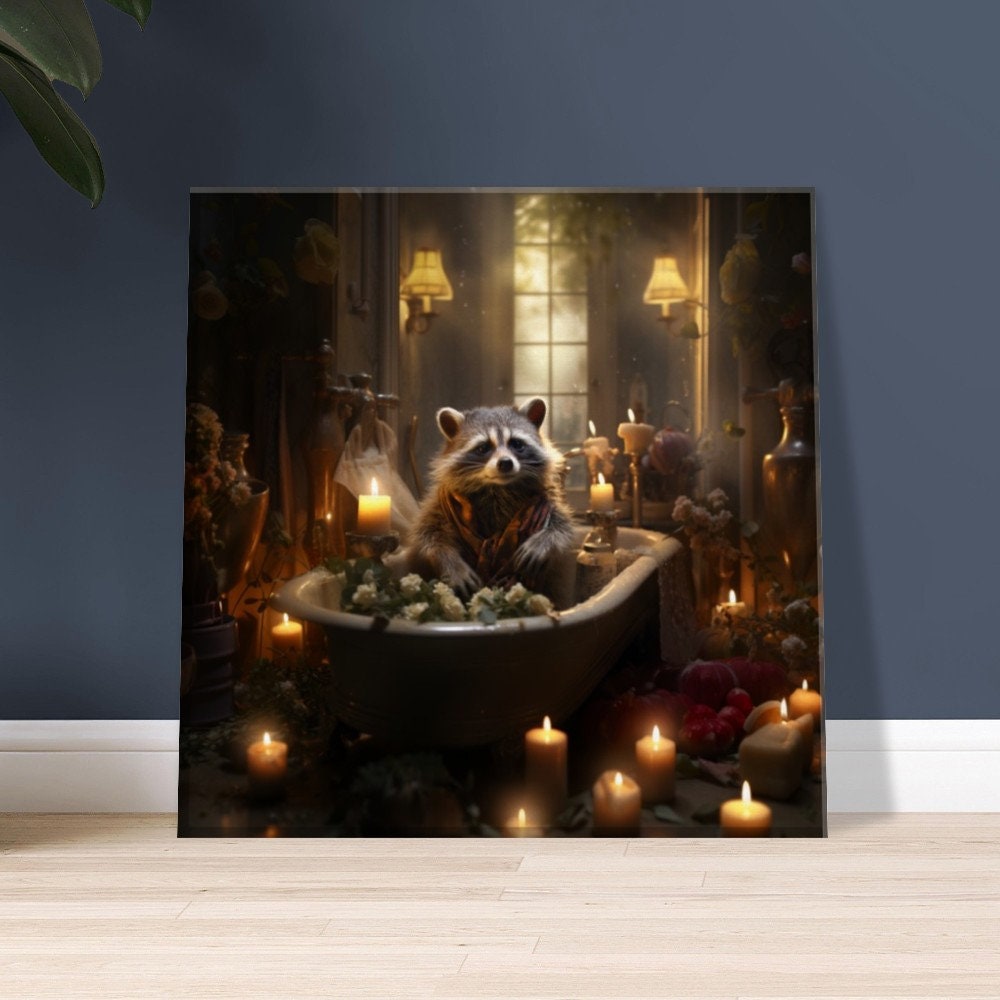 Raccoon in the Bathtub Canvas- Funny Bathroom Animal Wall Art, Raccoon ...