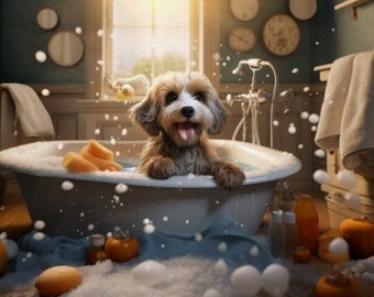 Dog In The Bathtub Canvas- Funny Bathroom Animal Wall Art, Cute Dog Painting Print, Whimsical Wall Art For Office Bedroom Kitchen gift