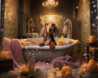 Dog In The Bathtub Canvas- Funny Bathroom Animal Wall Art, Cute Dog Painting Print, Whimsical Wall Art For Office Bedroom Kitchen gift