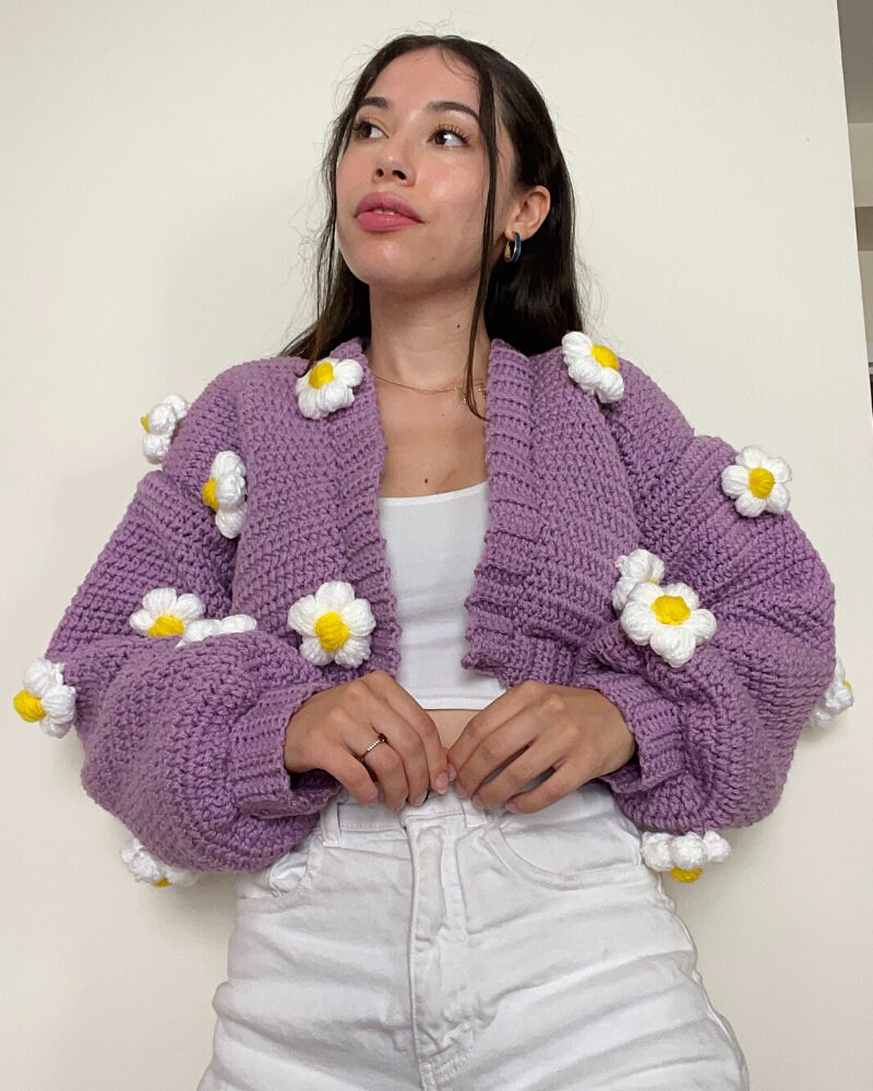Crochet Puffy Flower Cardigan - Etsy
