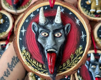 Handmade Krampus Christmas Ornament, Polymer Clay & Wood