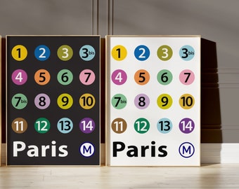 Könnte beinhalten: Zwei gerahmte Drucke mit schwarzem und weißem Hintergrund. Jeder Druck zeigt ein Raster mit 14 bunten Kreisen mit den Zahlen 1 bis 14. Der Text "Paris" und ein stilisiertes "M" befinden sich unter den Kreisen.
