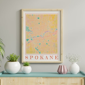 Aquarel Spokane kaart poster van Spokane Washington kaart van Spokane kunst aan de muur van Spokane geschenk van Spokane stad schilderij