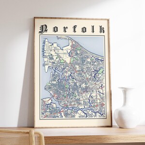 Classic Norfolk Map Poster of Norfolk Virginia Print of Norfolk VA Map of Norfolk Classic Wall Art of Norfolk Wall Art Giftsc