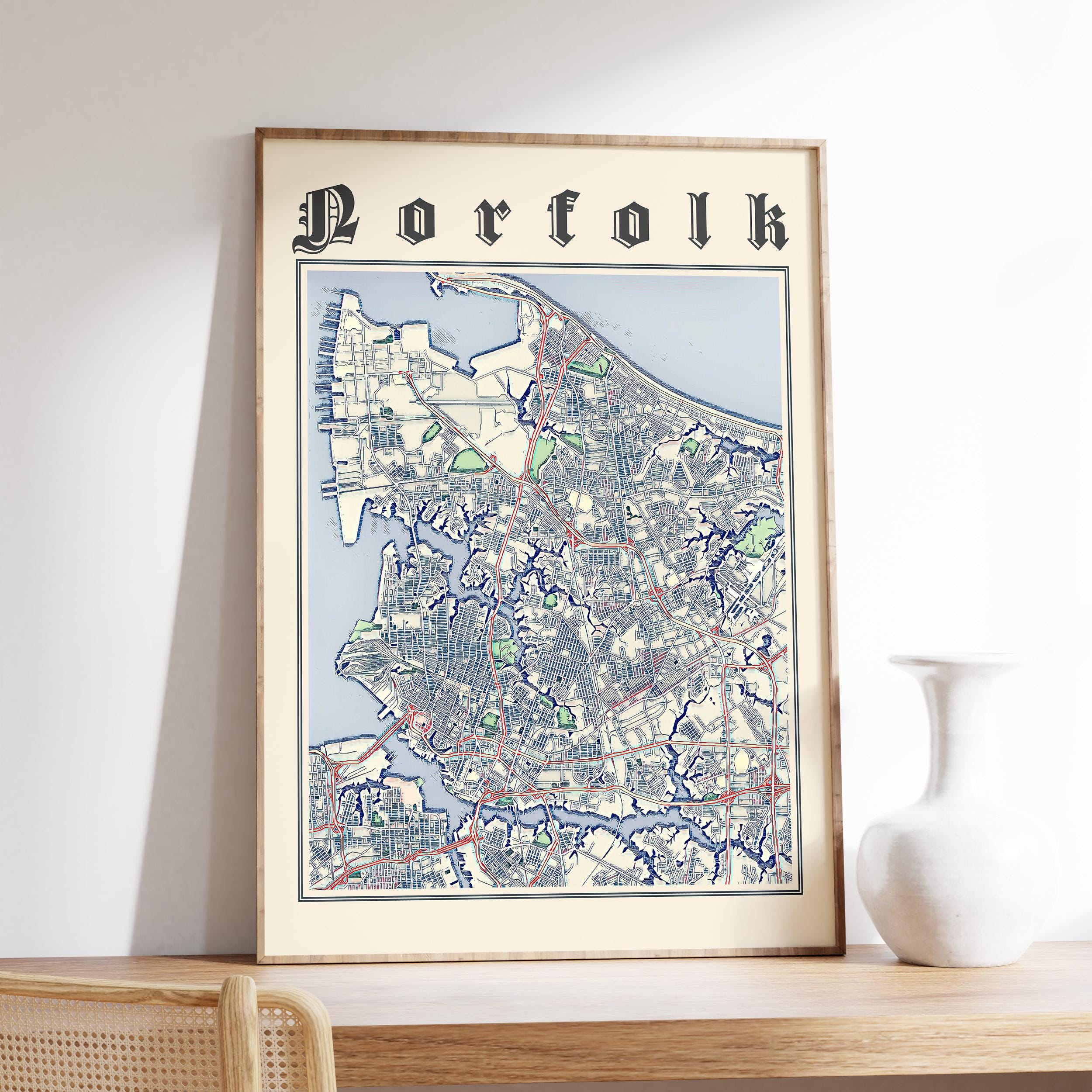 Classic Norfolk Map Poster of Norfolk Virginia Print of Norfolk VA Map of Norfolk Classic Wall Art of Norfolk Wall Art Giftsc