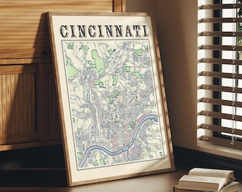 Antique Cincinnati Map Poster of Cincinnati Ohio Classic Map of Cincinnati Print of Cincinnati Wall Art of Cincinnati Gift