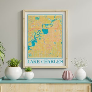 Aquarel Lake Charles kaart poster van Lake Charles Louisiana kaart van Lake Charles kunst aan de muur van Lake Charles geschenk van Lake Charles LA kaartafdrukken